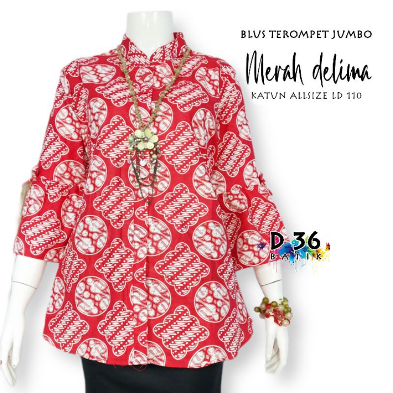 Blouse batik jumbo merah delima pakaian wanita ibu remaja baju batik cewek big size katun super kerja kuliah xxxl sekolah seragam kantor kantoran kasual formal pabrik partai kekinian terompet lonceng-A