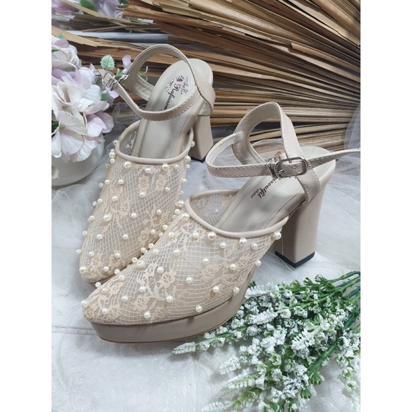 sepatu purri cream tali 9cm bahan