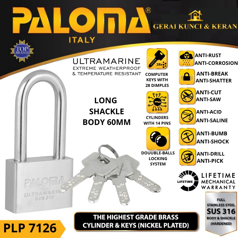 PALOMA PLP 7126 Gembok Padlock 60MM LONG Anti Cut STAINLESS SUS 316