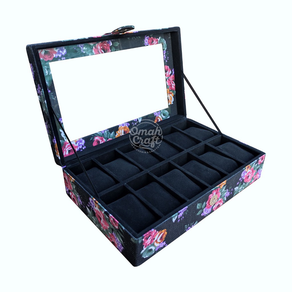 Tempat Jam Tangan isi 12 Motif Bunga Hitam Full / Kotak Penyimpanan Jam Tangan / Watch Box Organizer