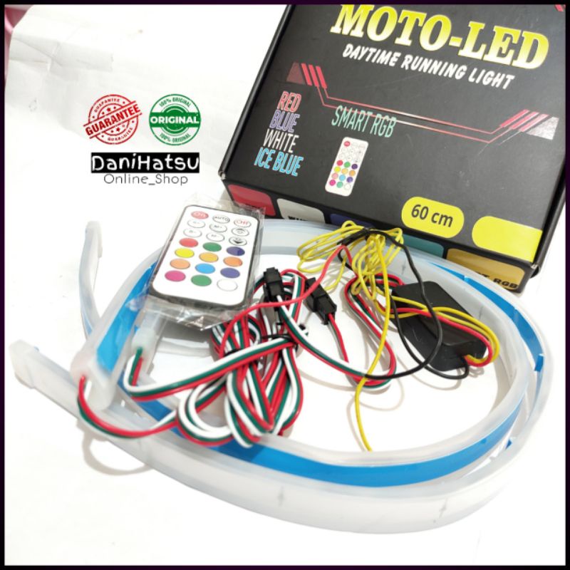 LAMPU ALIS LED NEON SMART RGB DRL MOTOR MOBIL PREMIUM RUNNING SEIN 5 WARNA SAFE PROGRAM REMOTE 30 60