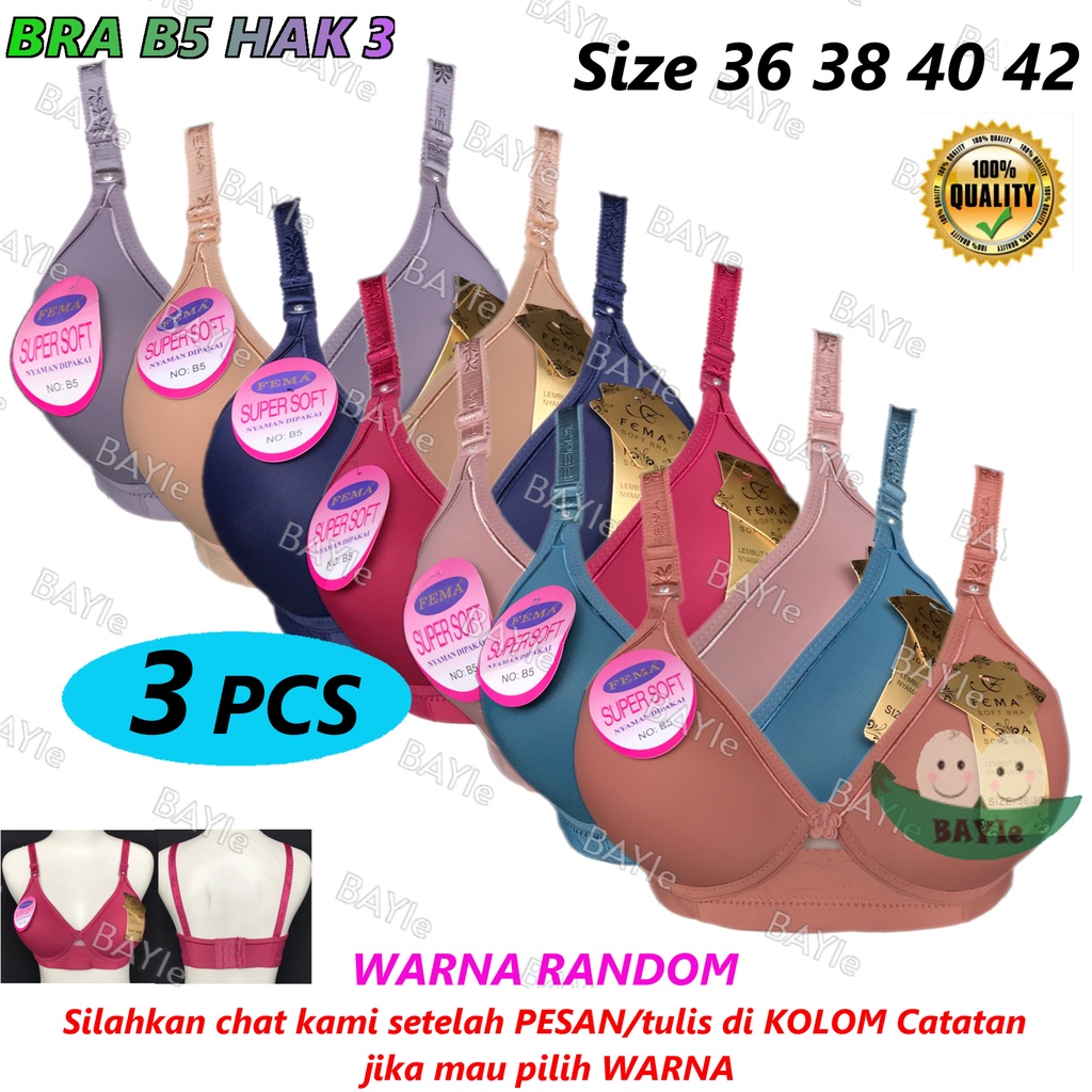 BAYIe - 3 PCS BH / Bra Wanita Cewek Dewasa FEMA B5 Cup B Busa Sedang Tanpa Kawat Kaitan 3 Size 36 - 42