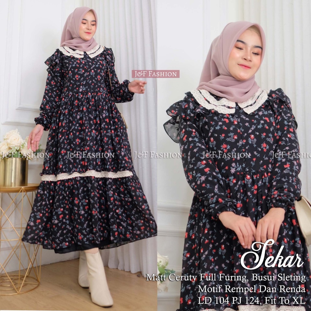 Midi Dress Wanita Motif Bunga Sekar Korean Style Kekinian Matt Ceruty Double Furing Premium Busui Or