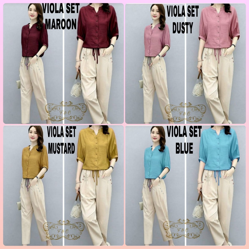 SET VIOLA FASHION PAKAIAN WANITA SETELAN ATASAN DAN CELANA BAHAN MOSCREPE FEHM