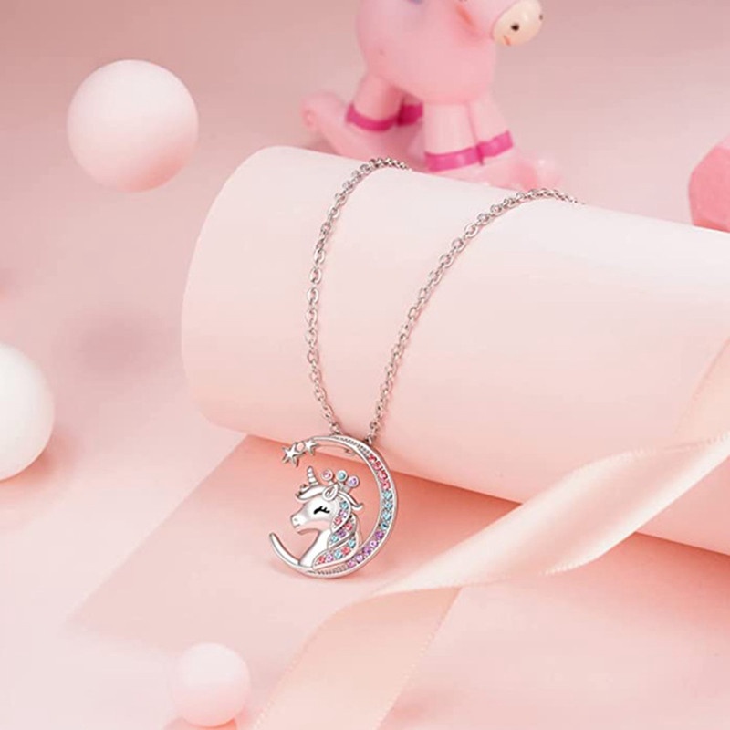 Kalung Desain Unicorn Aksen Kristal Birthstone Untuk Wanita