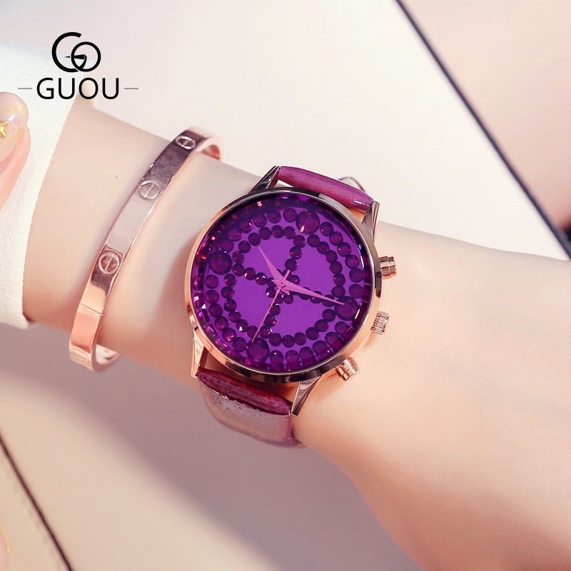 GUOU 2022 Baru Fashion Wanita Jam Kuarsa Kepribadian Berlian Imitasi Besar Dial Temperamen Gadis Belt Watch