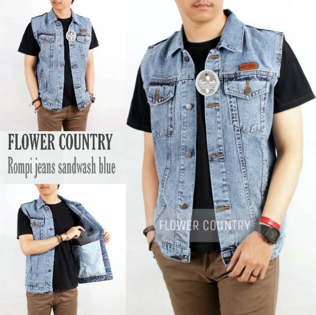 Rompi Denim Jeans Sandwash - Vest Denim Washing Abu Biru Original Pria Cowok