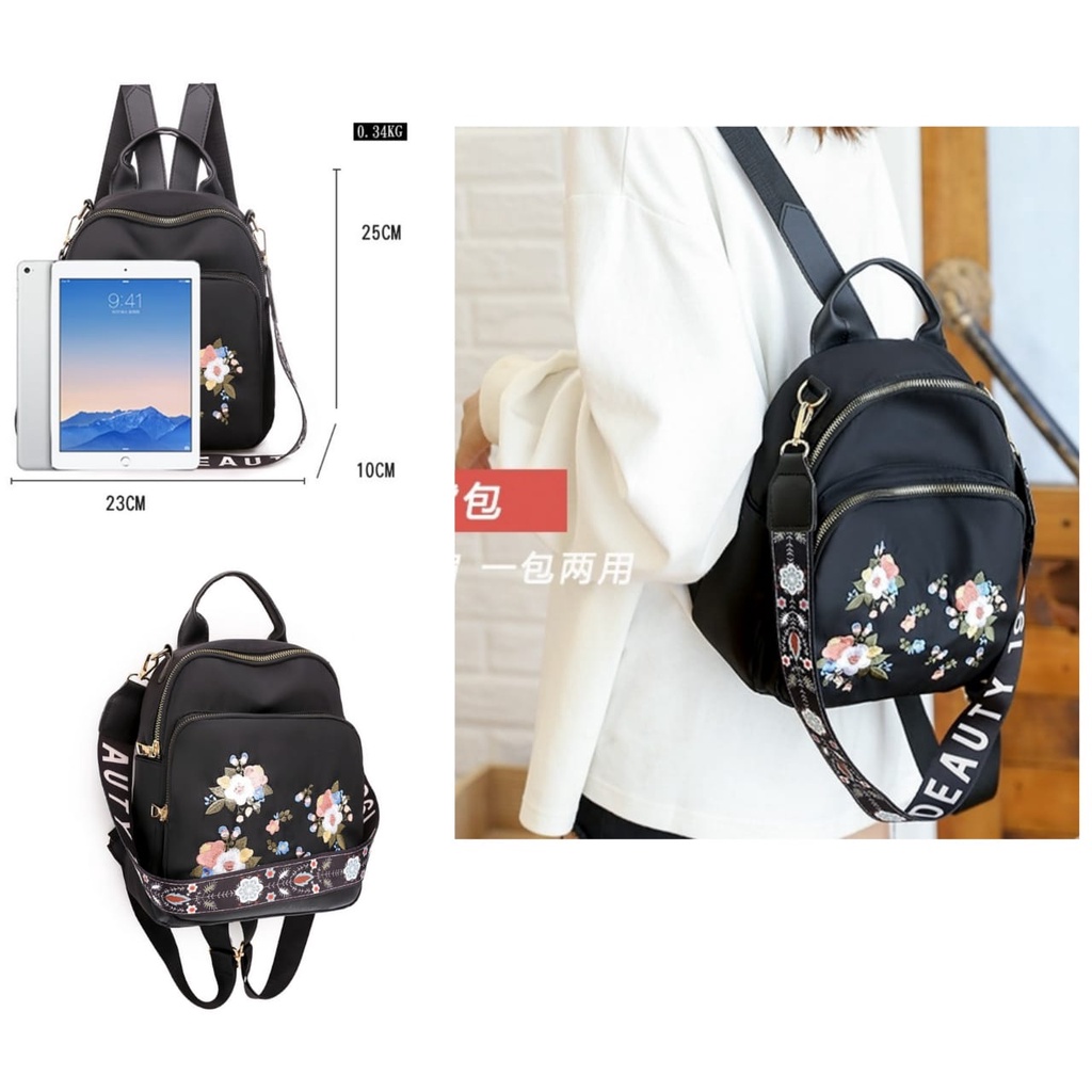 TAS RANSEL WANITA ANTI AIR BACKPACK KOREA HITAM MOTIF BUNGA ASIANA TA319B5 KULIAH IMPORT BATAM MURAH