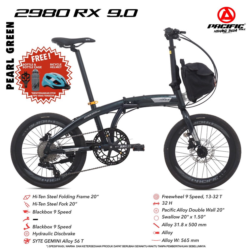 SEPEDA LIPAT PACIFIC 2980 RX 9.0 20 INCH FOLDING BIKE 9 SPEED HYDRAULIC DISC BRAKE FREE TAS &amp; HELM