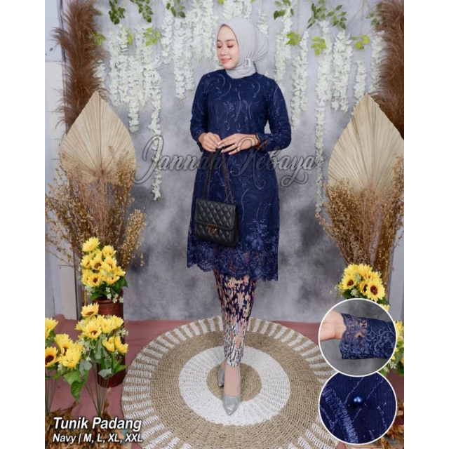 IndahKebaya | SET KEBAYA TUNIK TILLE / TUNIK KURUNG MIX ROK PLISKET JUMBO / MOCCA HIJAU BOTOL NAVY