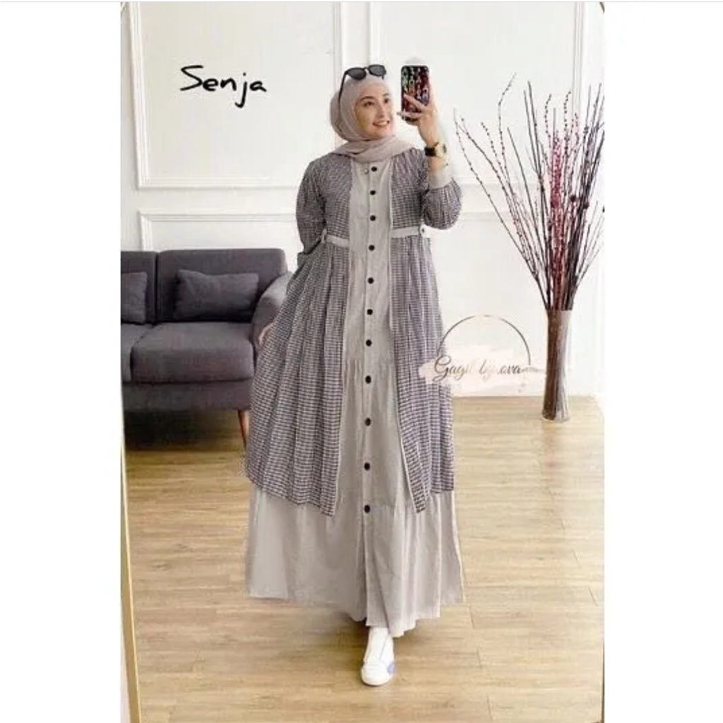 Setelan Gamis Dan outer 2in1 Set Dress Outer kotak-kotak Baju Lebaran Casual  Set 2in1