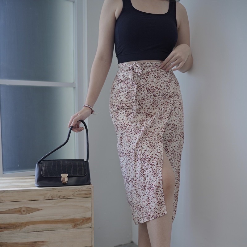 Agnes slit skirt korean ribbon leopard skirt midi vintage summer beach rok lilit pantai