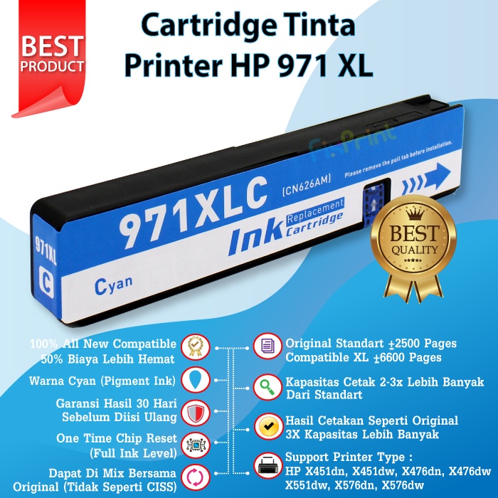 Cartridge Tinta HP 970 971 XL 970XL 971XL Compatible HP Officejet Pro X451dn, X451dw, X476dn, X476dw, X551dw, X576dn, X576dw