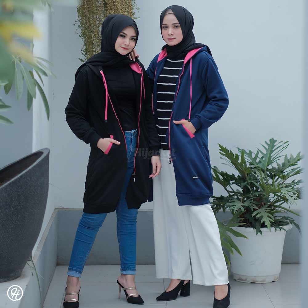 Jaket Jacket Polos Hoodie Panjang Wanita Cewek Hijabers Kekinian Hijacket Fashion Terbaru Hitam & Navy Pink-1