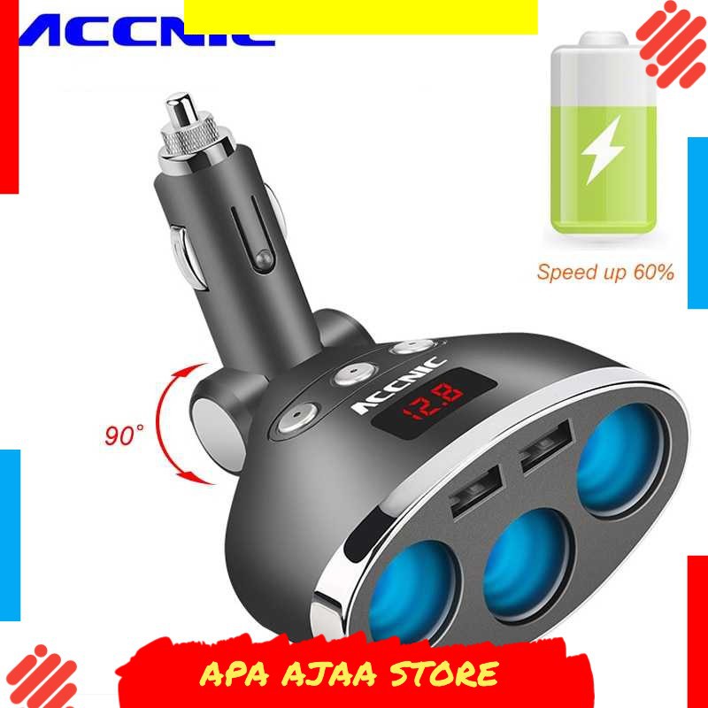 Paling Dicari ! Accnic Car Charger 2 USB Port + 3 Cigarette Plug 3.4A LCD Display - T3