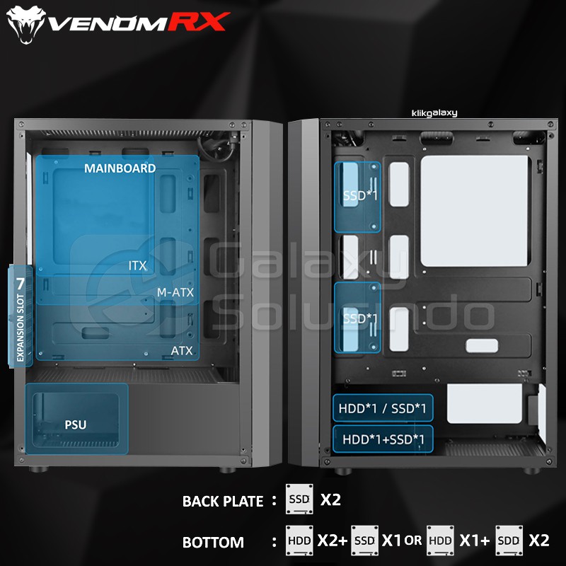 VenomRX ARASAKA Backlit Front Panel Tempered Glass Side Gaming Case - Black Hitam