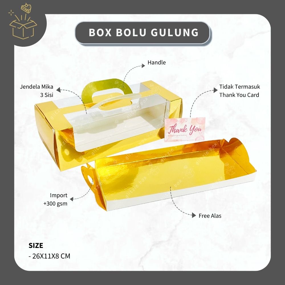 (10 pcs) BOX BOLU GULUNG IMPORT EMAS | Dus Bolu Gulung Handle - Dus Bolu Gulung Mika - Roll Cake Box