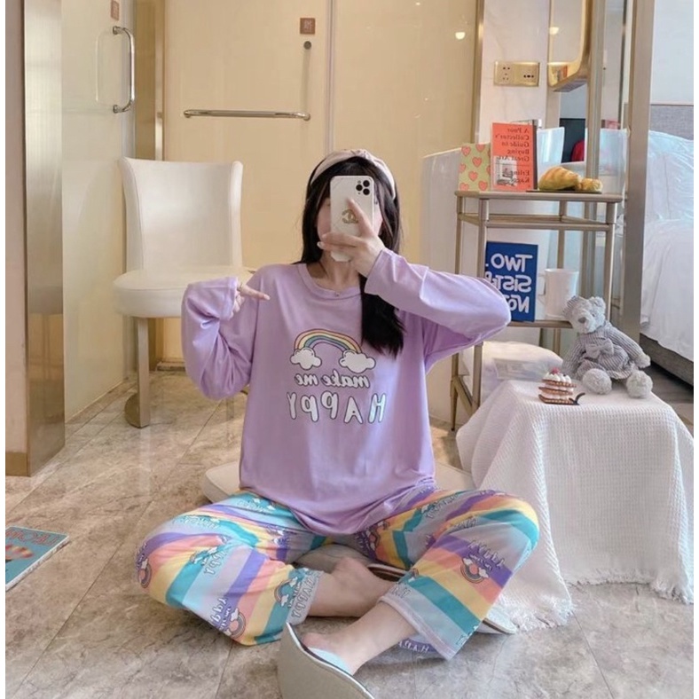 JC- Stelan Import Oversize Premium PP / Stelan piyama import Panjang  / piyama Korea Bigsize Import-Happy RainbowLilacPP