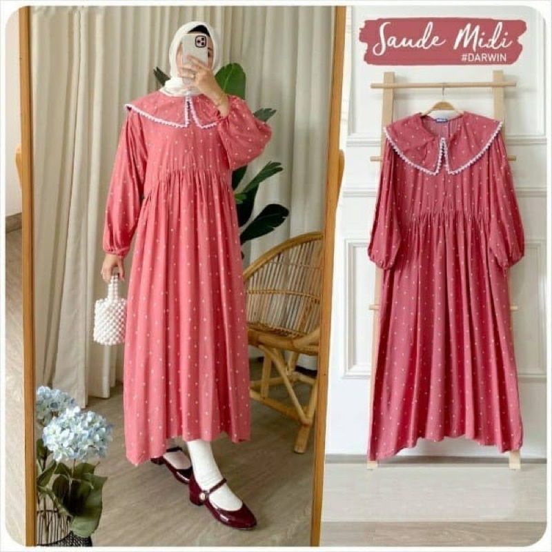 midi dress rayon premium motif polkadot saude long tunik busui friendly