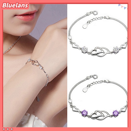 Bluelans Women 925 Sterling Silver Bracelet Rhinestone Love Heart Chain Bangle