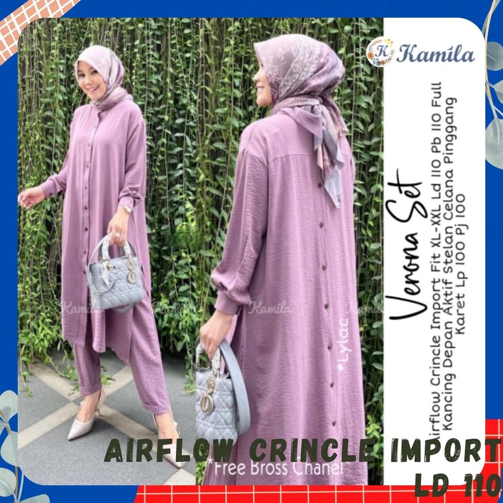verona setelan jumbo ld 110 pakaian baju 1 one set long tunik kulot pinggang karet polos busui frien