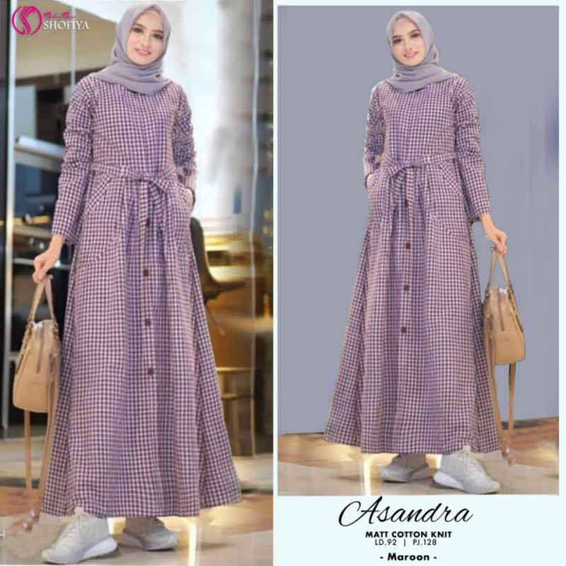 Asandra Midi Dress Muslimah Fashionable Motif Kotak Bahan Cotton Knit by Shofiya | Fashion Remaja