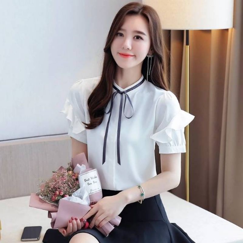 Blouse Korea Putih Polos Wanita Model Tali Ikat Lengan Pendek Gaya Baju Atasan Wanita Jumbo