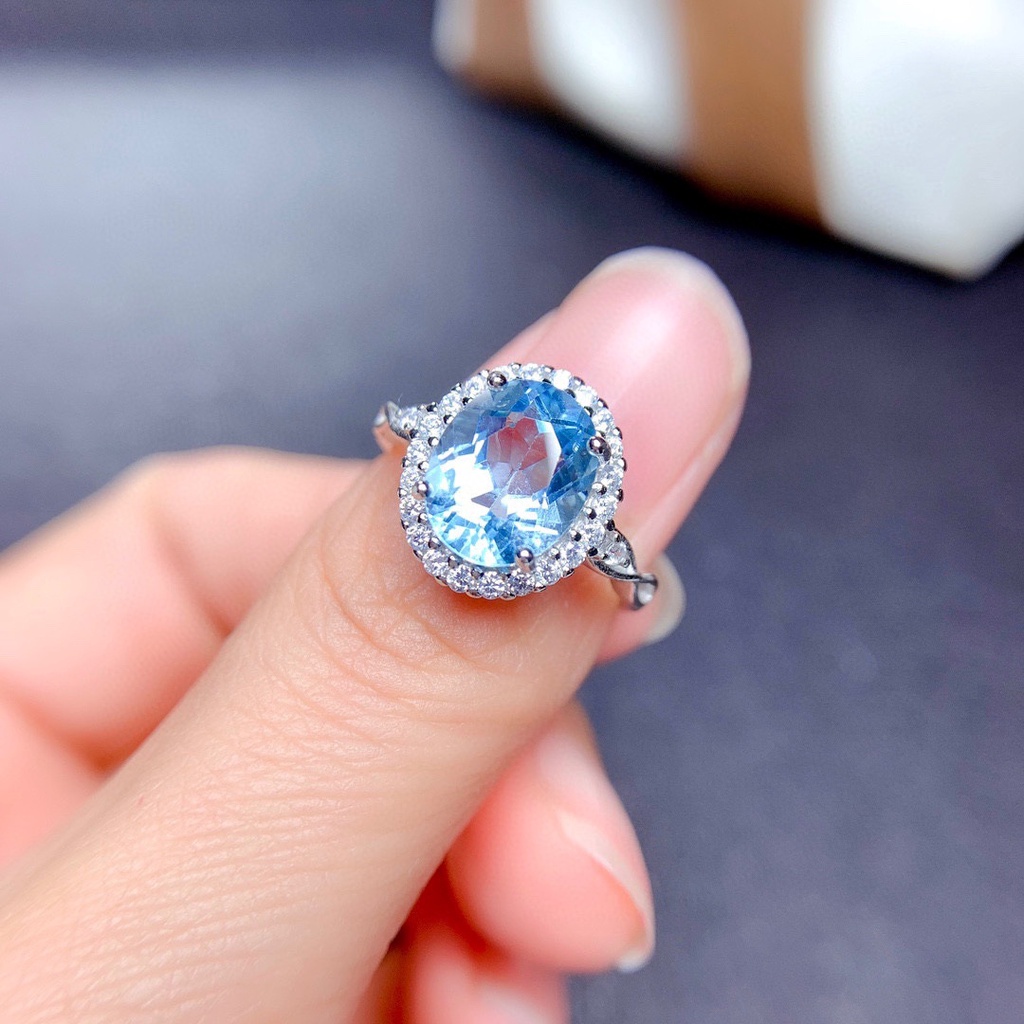 Cincin Berlian Oval Wanita 925 Perak Langit Biru