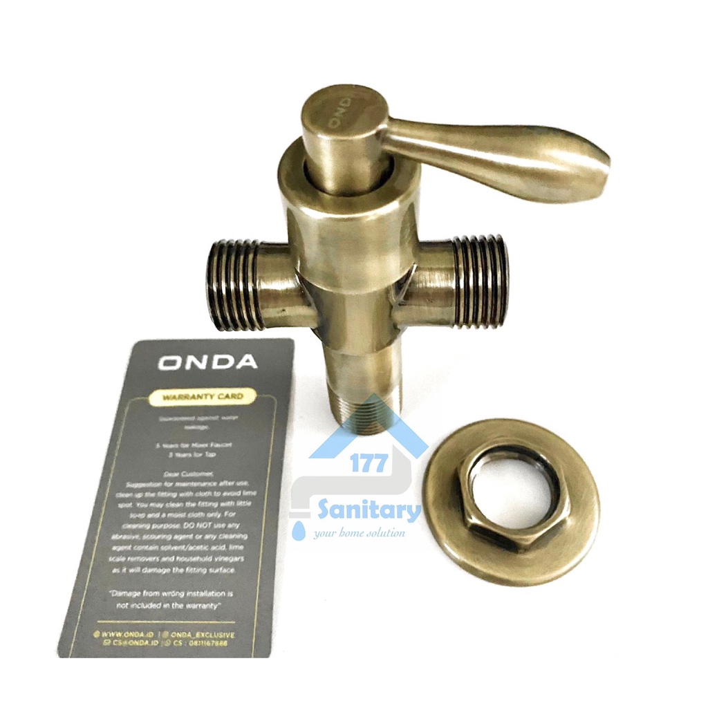 Kran tee Shower gold Onda 11BR-Kran Tee shower kloset closet toilet cabang gold kuningan brass angle valve semprotan unik antik antique emas kuningan jadul