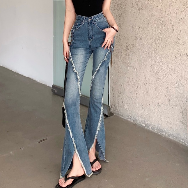 Red Retro Split Raw Edge Strappy Jeans Wanita Musim Panas Slim Peregangan Pinggang Tinggi Slim Celana Berkobar Mikro Celana