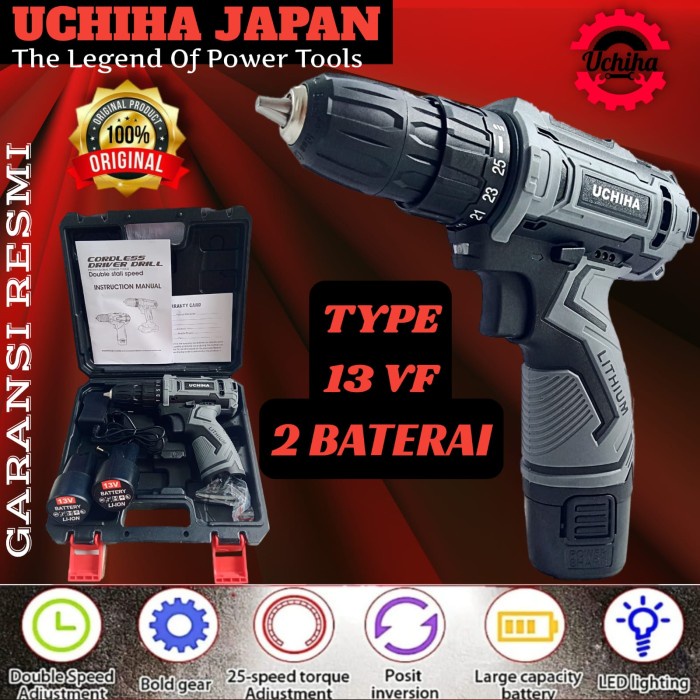 Mesin obeng bor baterai tanpa kabel cordless uchiha lengkap