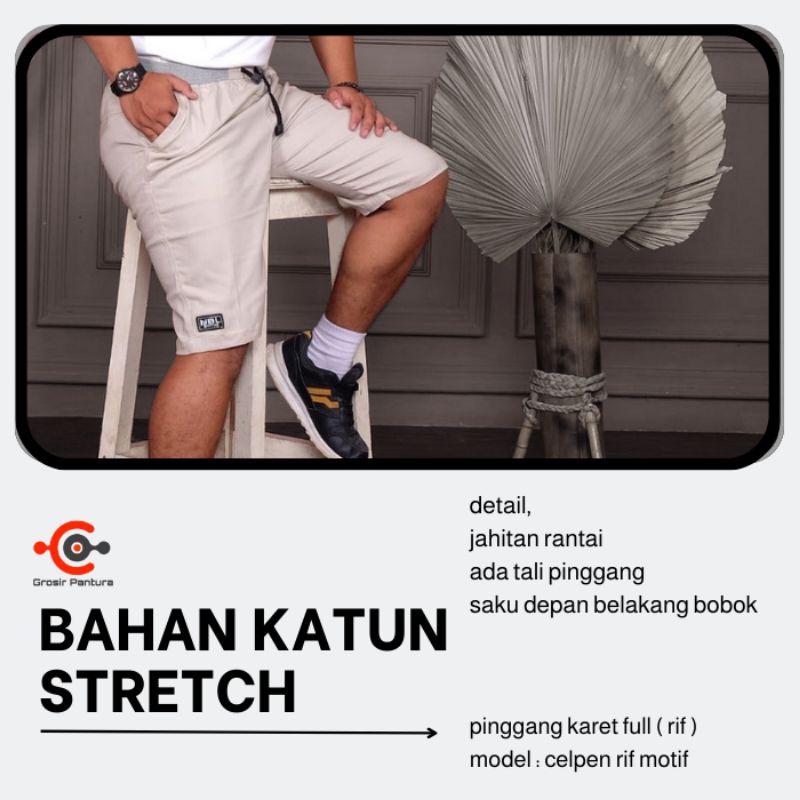 Celana Pendek Chino Pria Distro Pinggang Karet Rif Bahan Katun Stretch