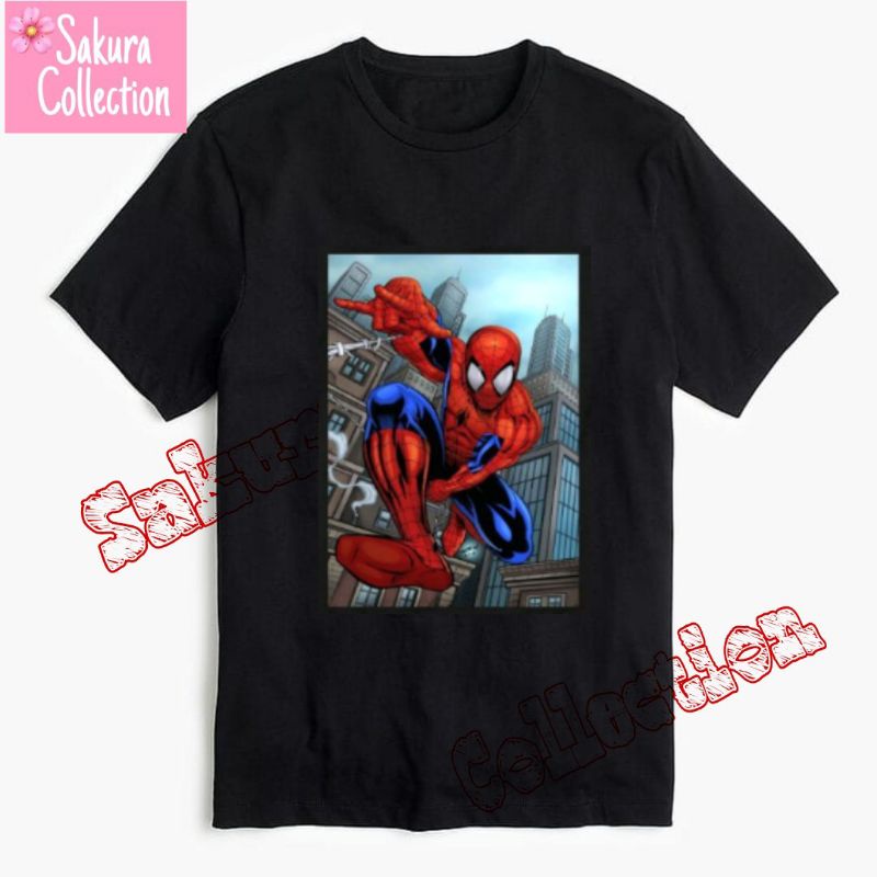 Kaos distro Baju MARVEL hitam SPIDERMAN - BUILDING logo superhero