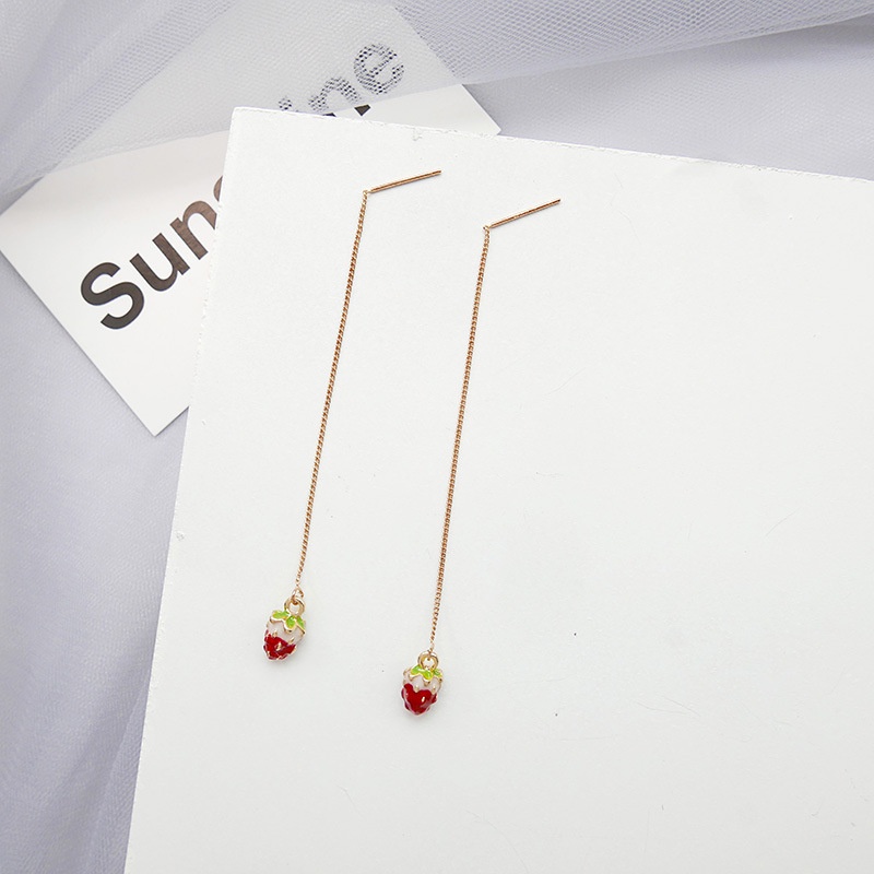 [littlecrab] Anting Wanita Merah Cherry Love Anting Panjang Simple Elegan Buah Long Strawberry Woman Earrings Anting Berkualitas Anting Drop Korean Style