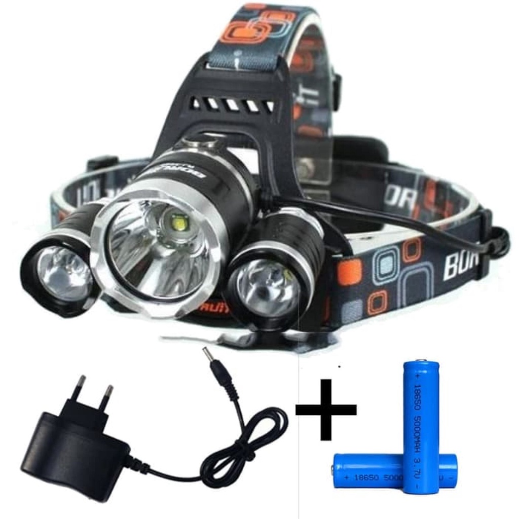 Paket senter kepala 3 MATA LED / Headlamp RJ3000 T6 3LED PLUS CHARGER BATERAI