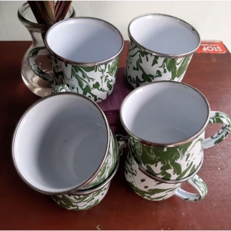 MUG CANGKIR ENAMEL KALENG JADOEL BLIRIK BLURIK LORENG HIJAU 8cm