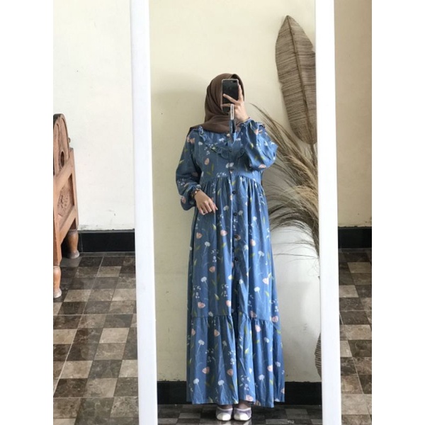 Dress Rayon Twill Motif Bunga Kekinian