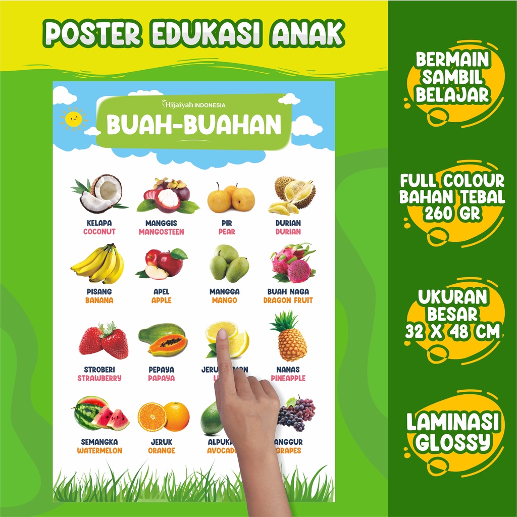 

Hijaiyah Poster Edukasi Anak Murah Laminasi Glossy Tahan Air (wipe clean) / Poster Edukasi buah buahan