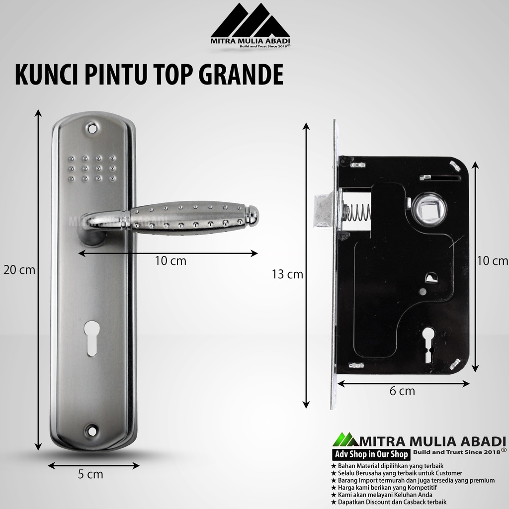 Kunci pintu TOP GRANDE kumplit set (HIJAU) TANPA SILINDER l Gagang