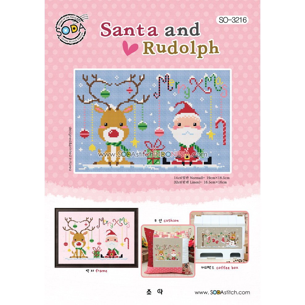 Paket DIY Craft Sulam Kristik Cross Stitch Sodastitch SO-3216 - Santa and Rudolph Natal Christmas