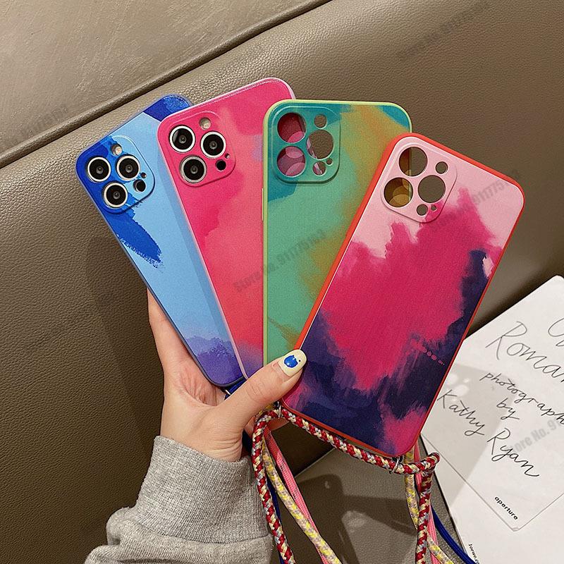 CASE WATER LANYARD IPHONE 12 12 PRO 12 PRO MAX LENS COVER WATERCOLOR FULLPRINT PAINTING EDGE SQUARE 