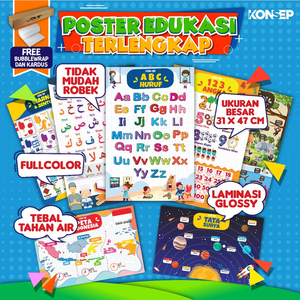 Konsep Poster Edukasi Pendidikan Anak Belajar Paud Balita TK Toodler SD Laminasi Glossy Tahan Air