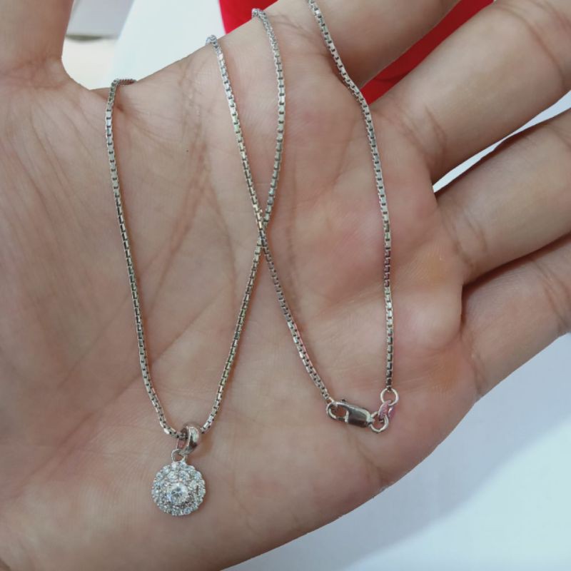 Kalung Itali + Liontin Bulat, Perak 925, Sepuh Emas Putih