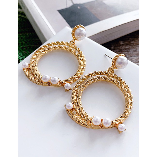 LRC Anting Fashion Fashion Gold Alloy Double Hemp Wreath Earrings F54116