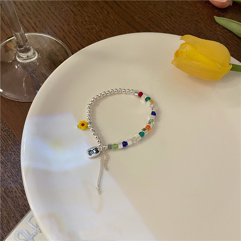 Gelang Tangan Alloy Aksen Manik-Manik Bunga Warna-Warni Untuk Wanita