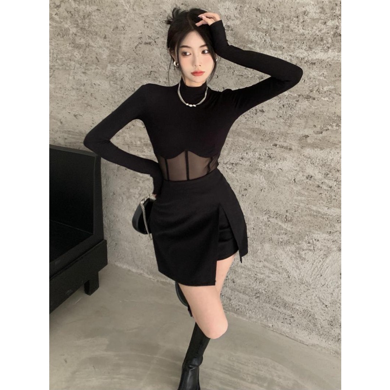 #Sisjuly# T-shirt one-piece mesh wanita tidak beraturan hitam lengan panjang setengah turtleneck kem