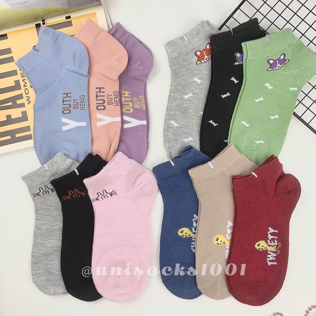 Import Kaos kaki pendek cewe wanita motif tebal  lucu karakter pendek woman socks ankle sock tebal bermotif kualitas premium-1