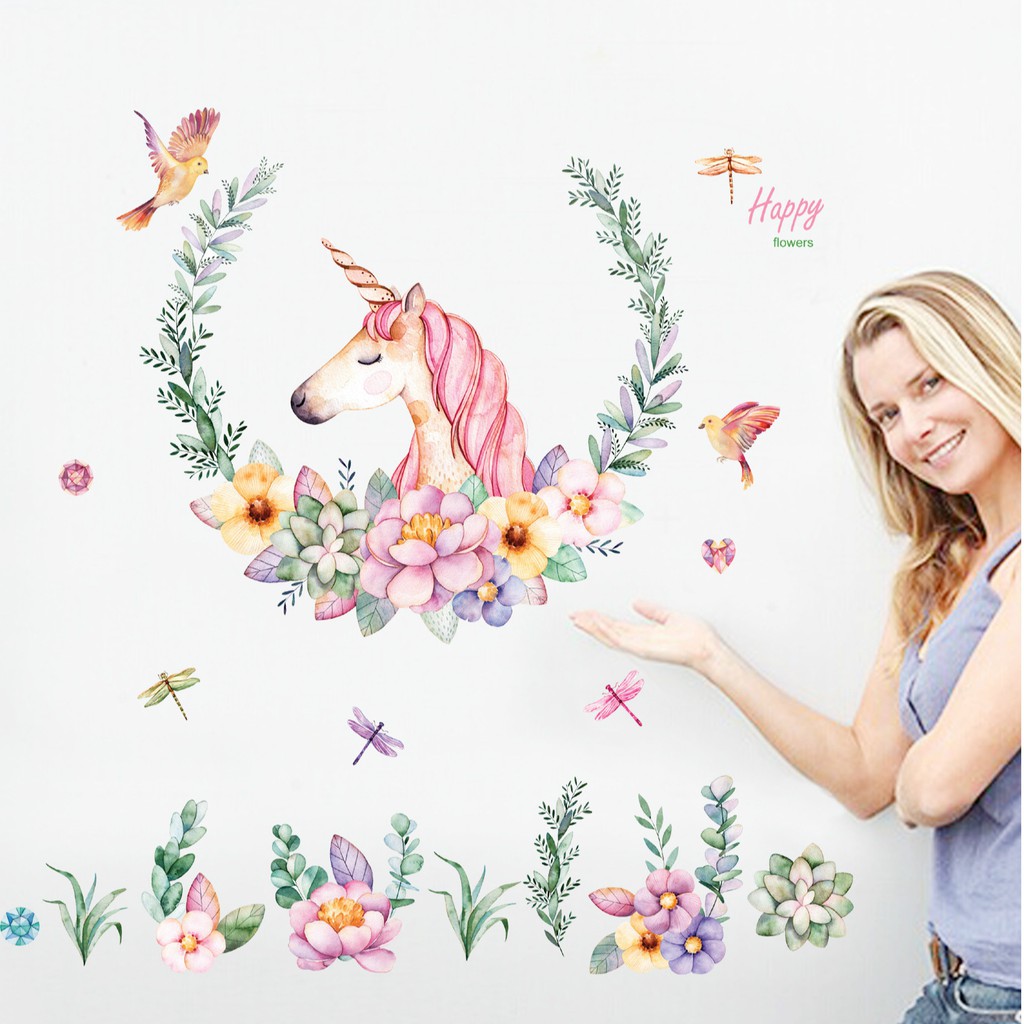 Reliza Wall Sticker Kuda Unicorn Flower Stiker Dinding JM7329