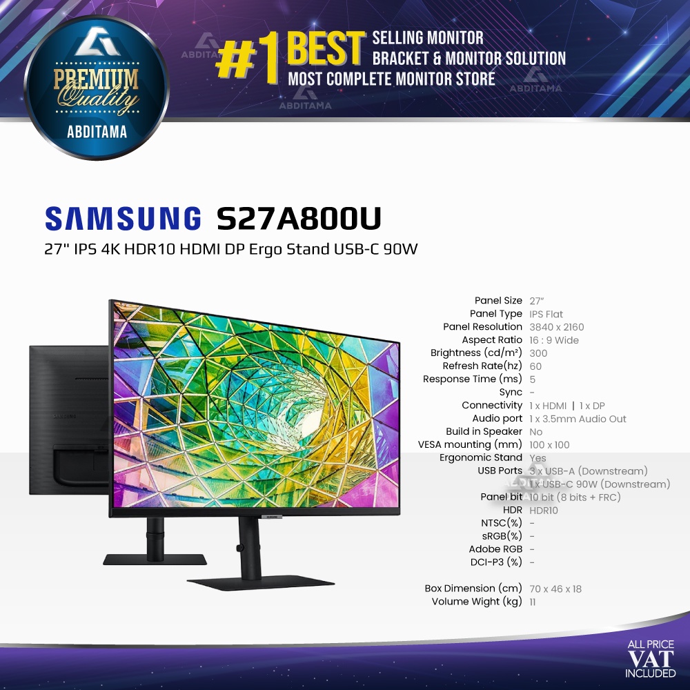 Monitor LED Samsung S27A800U 27&quot; IPS 4K HDR10 HDMI DP Ergo Stand USB-C 90W