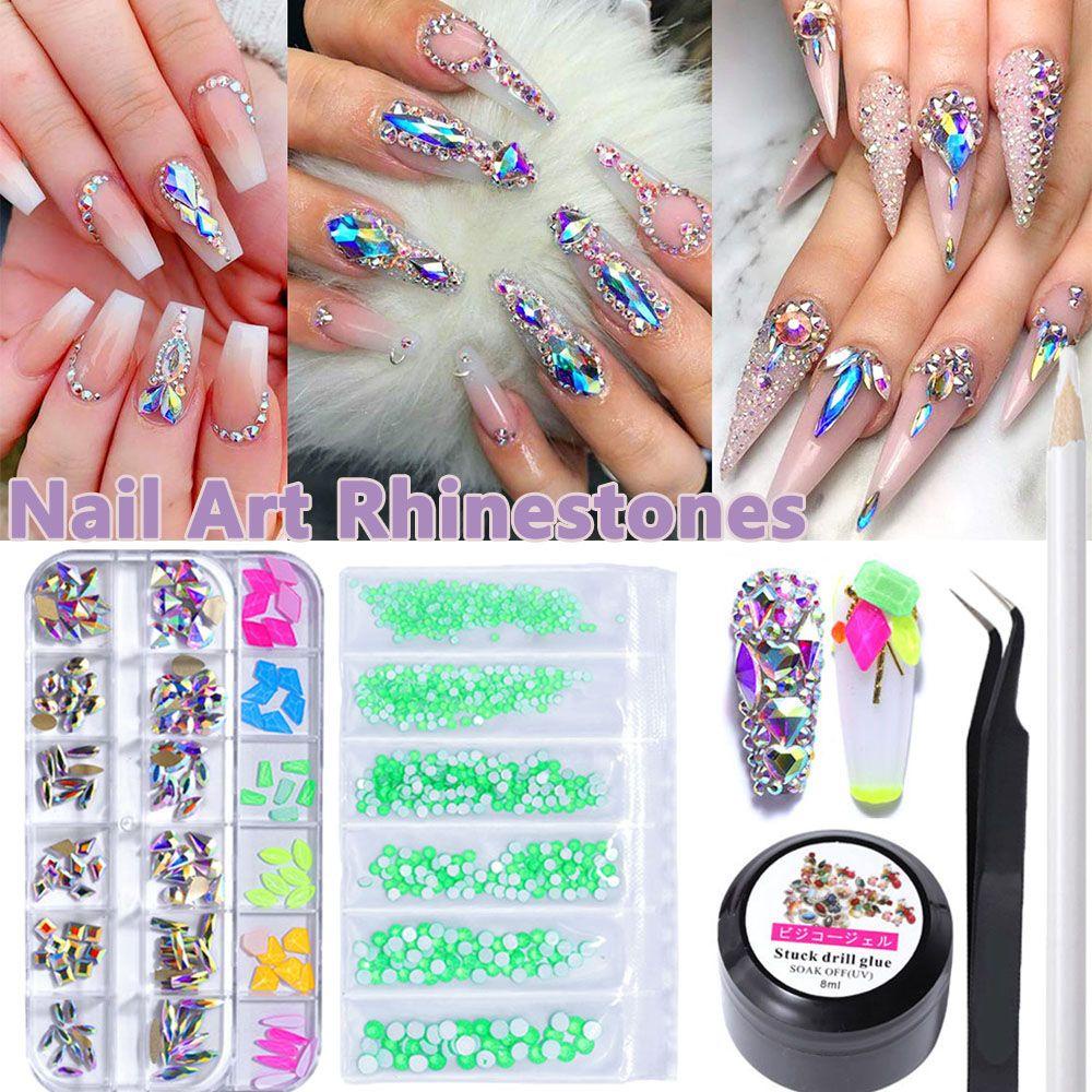 AUGUSTINA Agustina Kuku Berlian Buatan Set DIY Multi Bentuk Dotting Pen AB Kaca Flatback Rhinestones Pesona Shiny Manicure